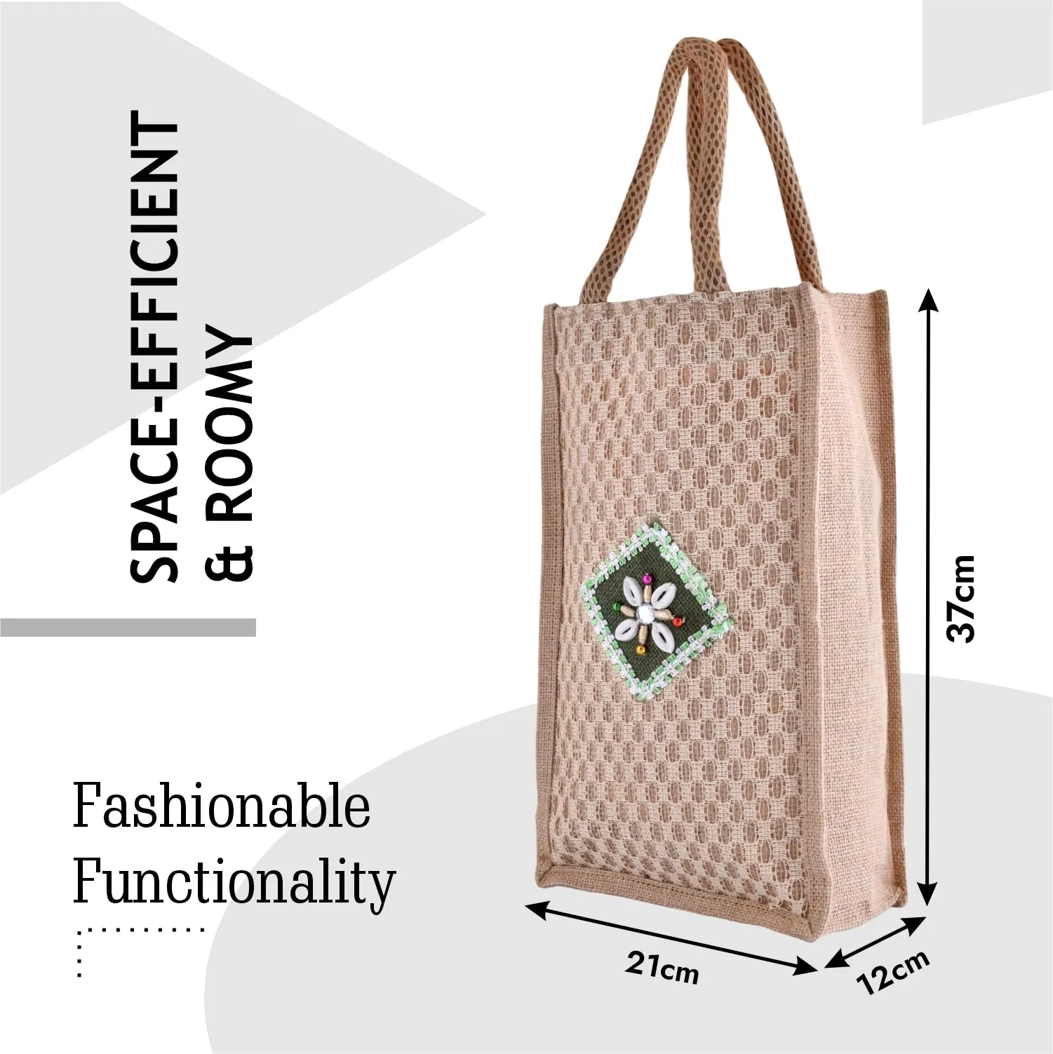Kuber Industries Lunch Bag | Jute Carry Bag | Lunch Handbag | Lunch Bags for Office | Reusable Lunch Bag with Handle | Tiffin Carry Patch Hand Bag | Small | Brown