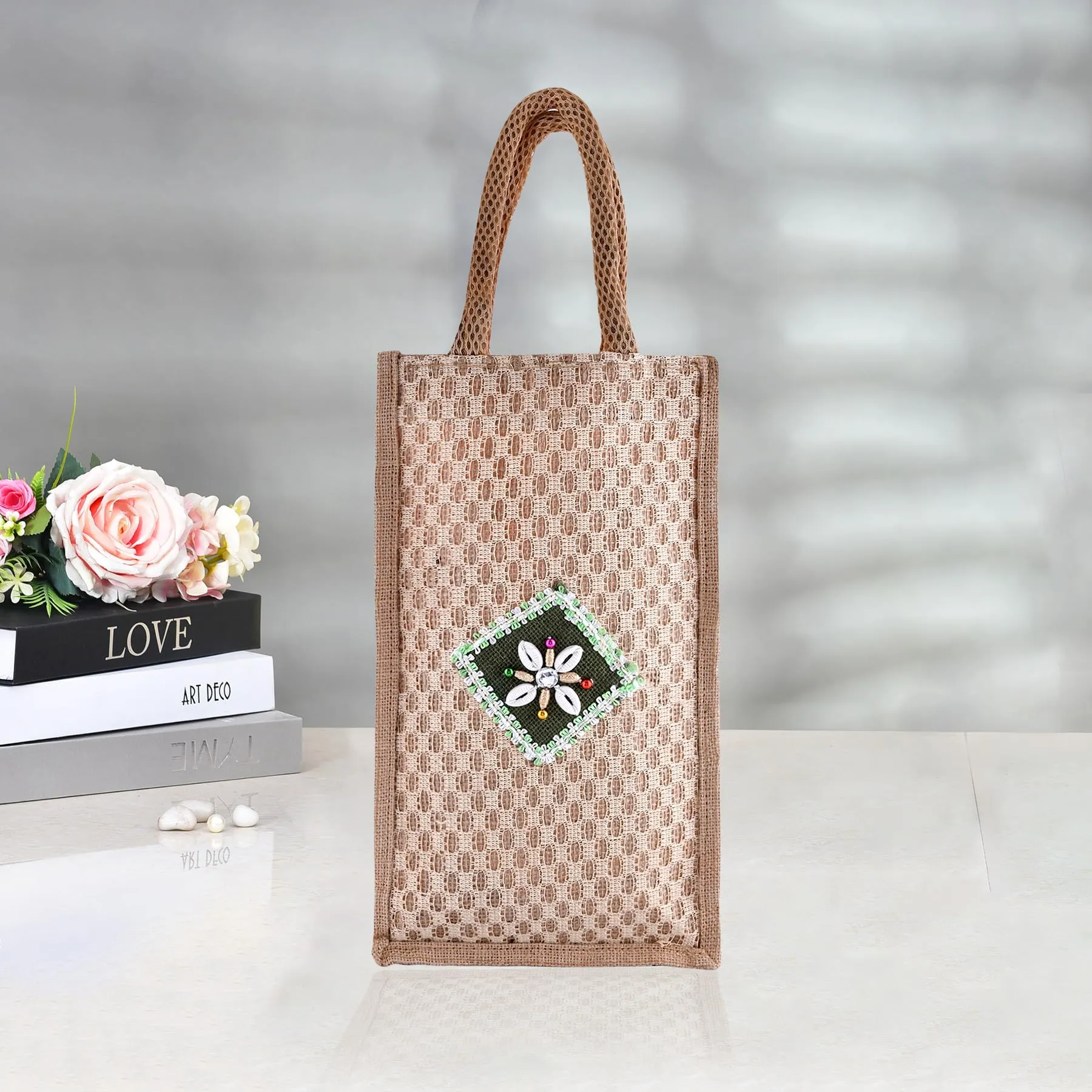 Kuber Industries Lunch Bag | Jute Carry Bag | Lunch Handbag | Lunch Bags for Office | Reusable Lunch Bag with Handle | Tiffin Carry Patch Hand Bag | Small | Brown