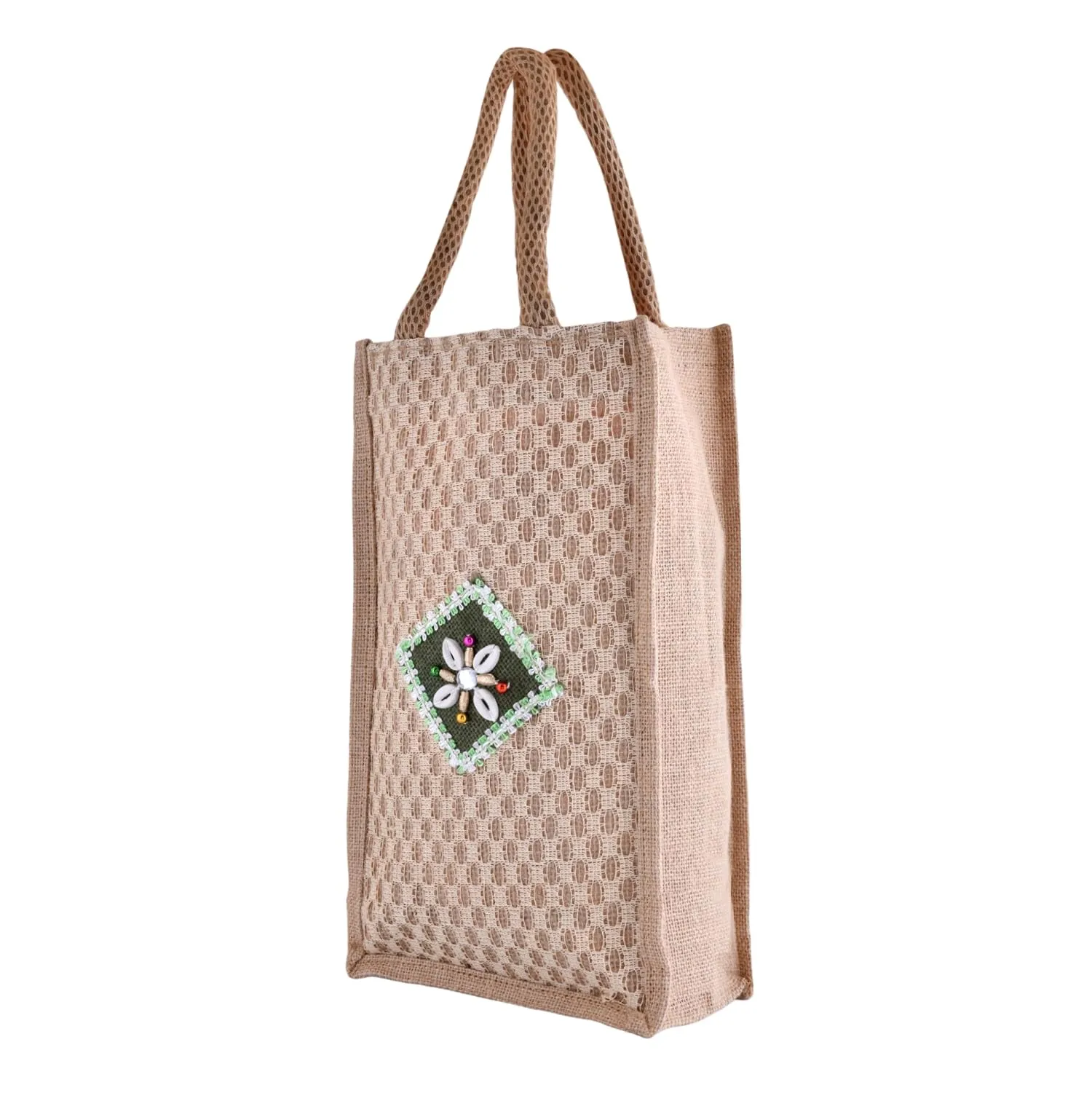 Kuber Industries Lunch Bag | Jute Carry Bag | Lunch Handbag | Lunch Bags for Office | Reusable Lunch Bag with Handle | Tiffin Carry Patch Hand Bag | Small | Brown