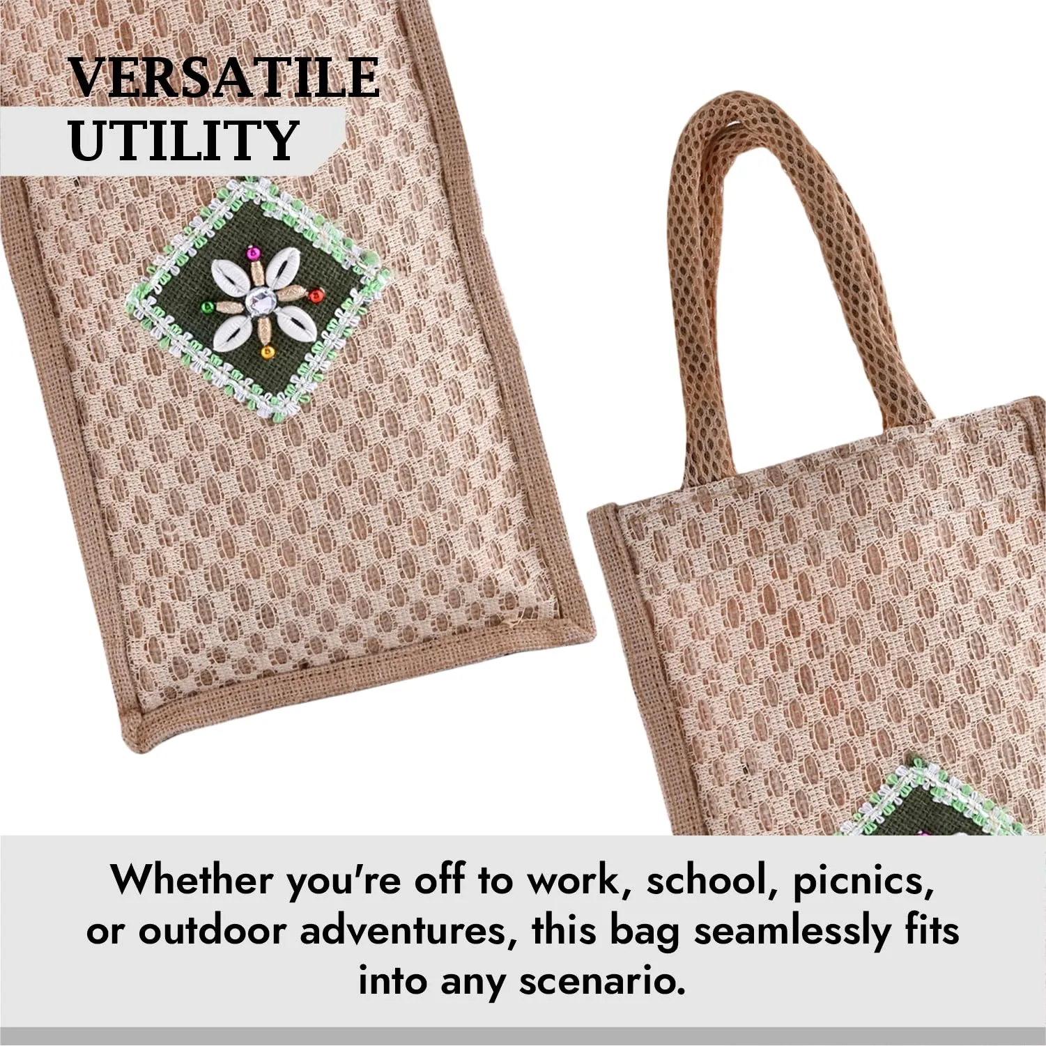 Kuber Industries Lunch Bag | Jute Carry Bag | Lunch Handbag | Lunch Bags for Office | Reusable Lunch Bag with Handle | Tiffin Carry Patch Hand Bag | Small | Brown