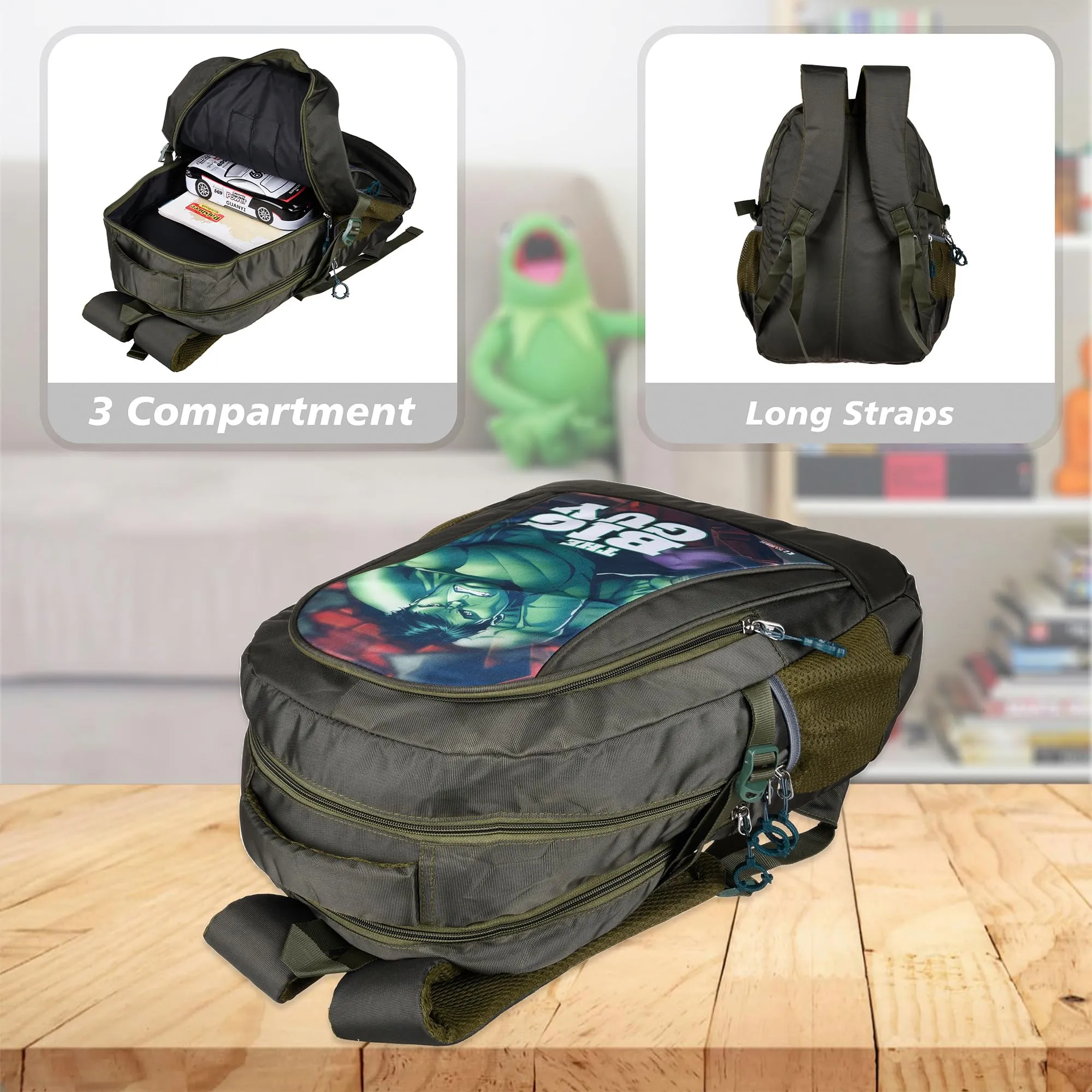 Kuber Industries Marvel The Big Guy Hulk School Bags | Kids School Bags | Student Bookbag | Travel Backpack | School Bag for Girls & Boys | School Bag with 3 Compartments | Green
