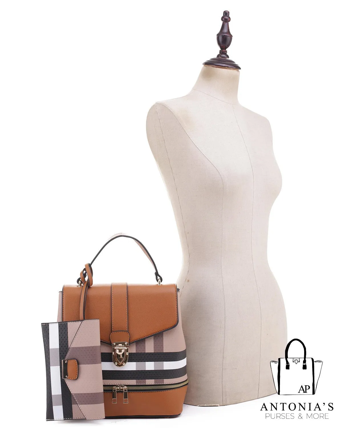 LUXIE COLLECTION FASHION PLAID BACKBACK SET- Brown/Black only