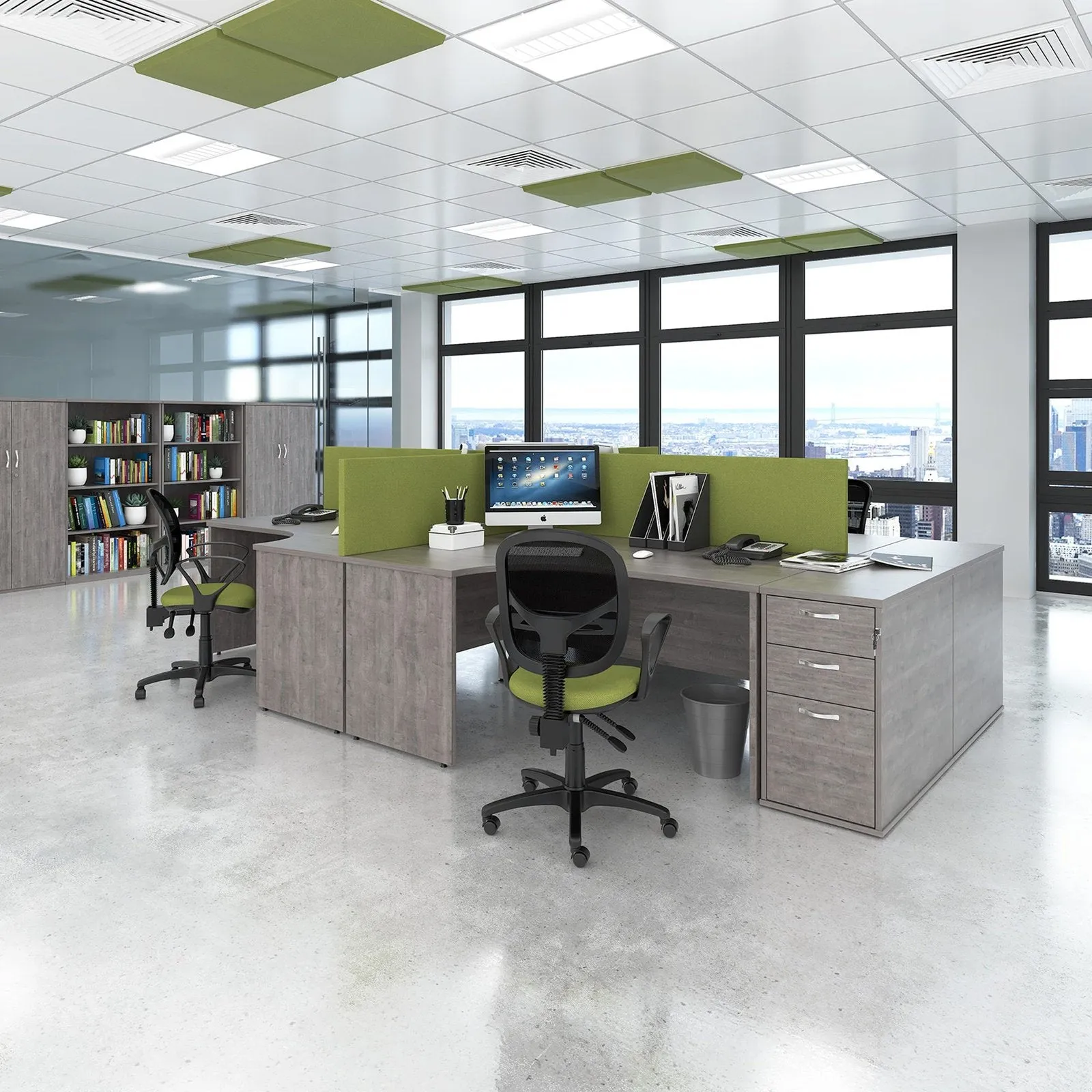 Maestro 25 panel leg left hand ergonomic desk with 2 drawer pedestal