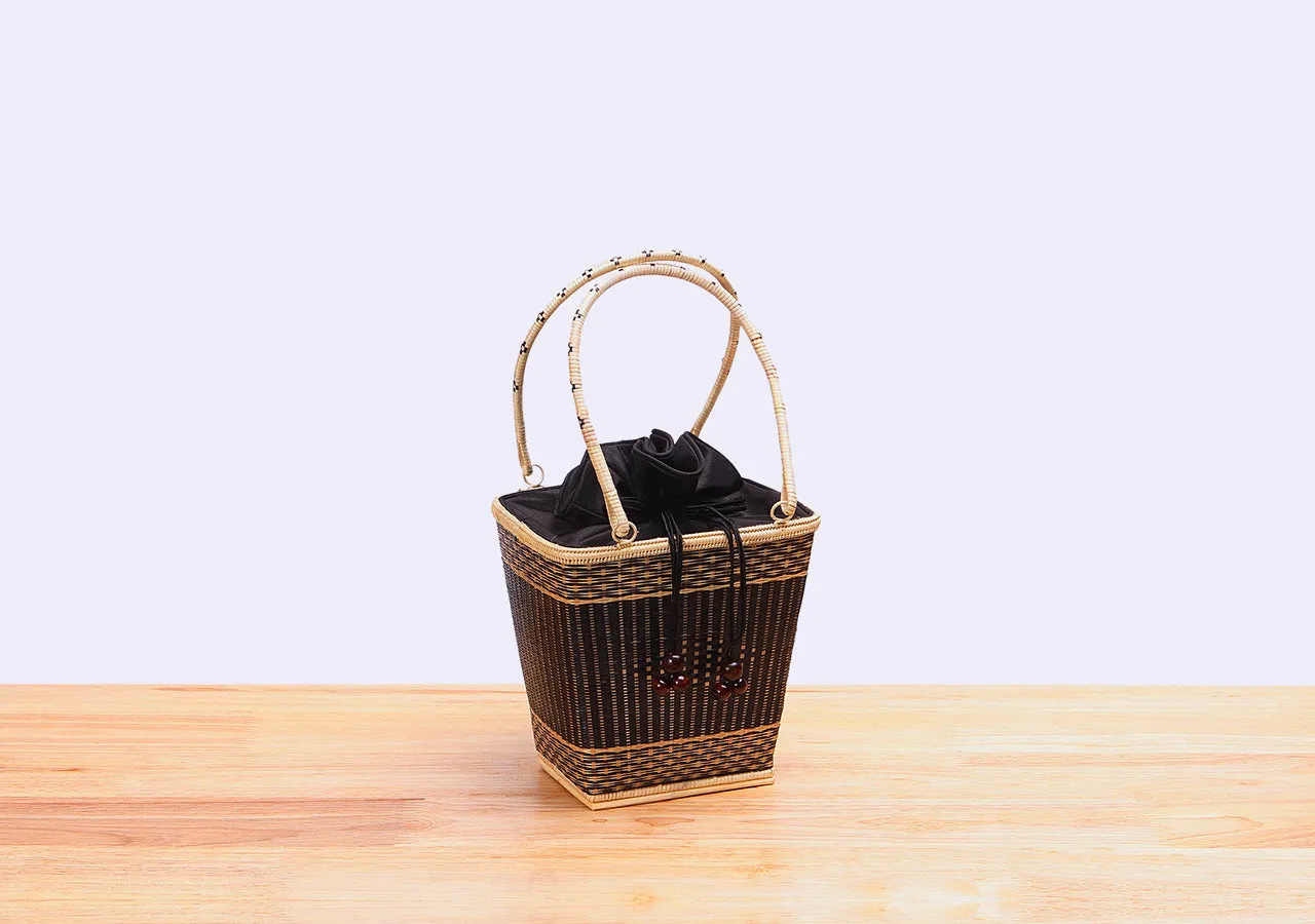 Mini Bamboo Wicker Bucket Handbag (Black)
