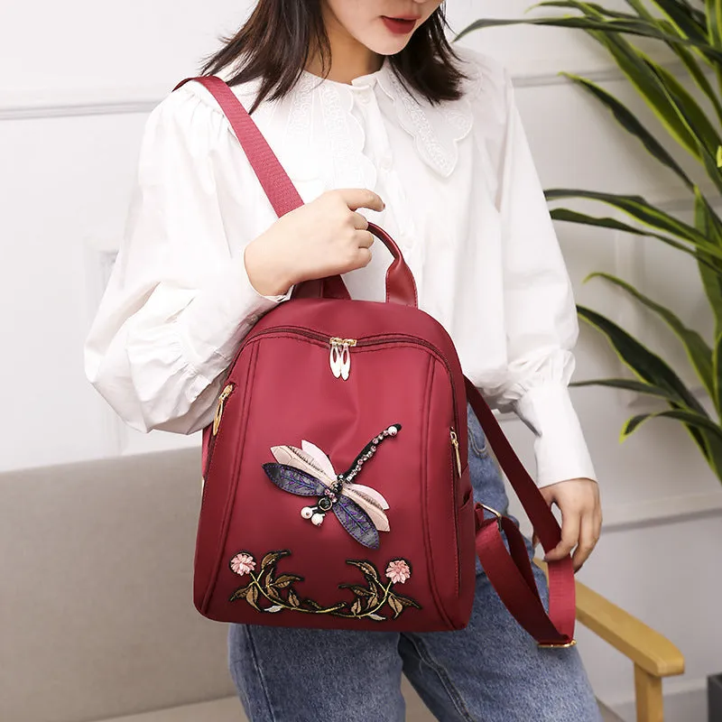 Multifunctional Oxford Cloth Fashion Dragonfly Embroidery Casual Bag