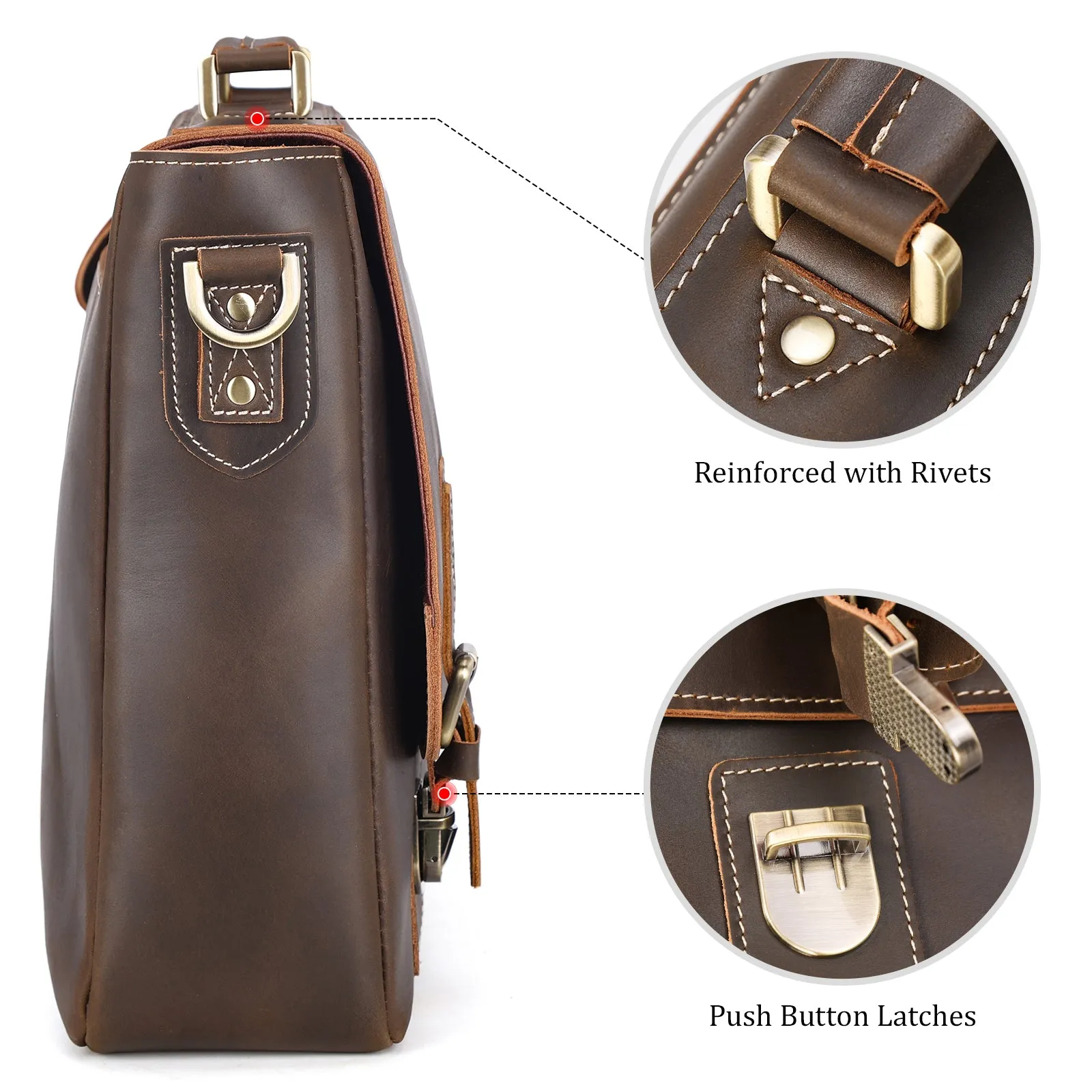 Polare Vintage Full Grain Leather Tote Briefcase Professional 16'' Laptop Shoulder Messenger Bag with YKK Metal Zippers
