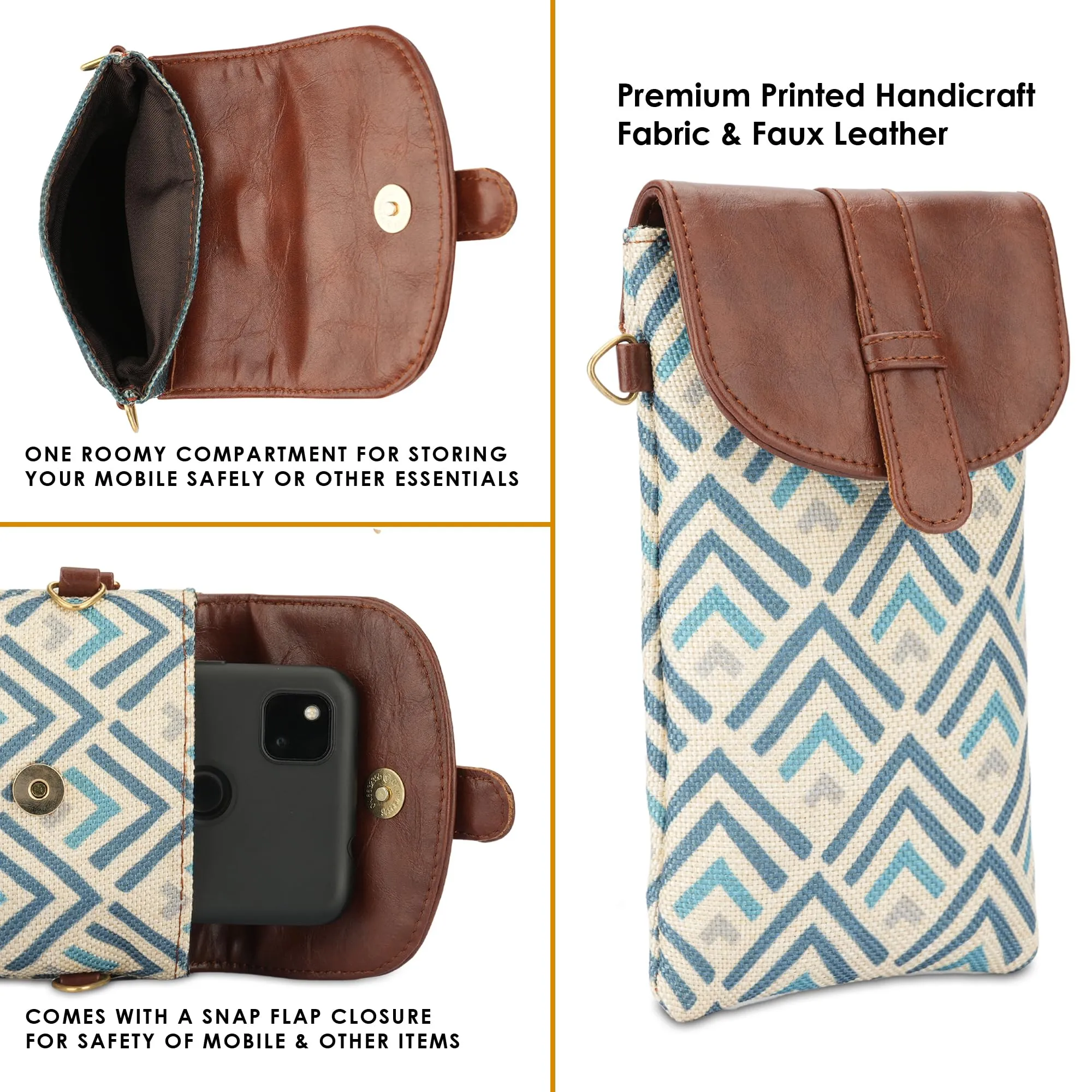 THE CLOWNFISH Flexiflare Series Mobile Sling for Women Printed Handicraft Fabric & Faux leather Casual Ladies Mobile Pouch Crossbody Bag for College Girls (White-Stripes)