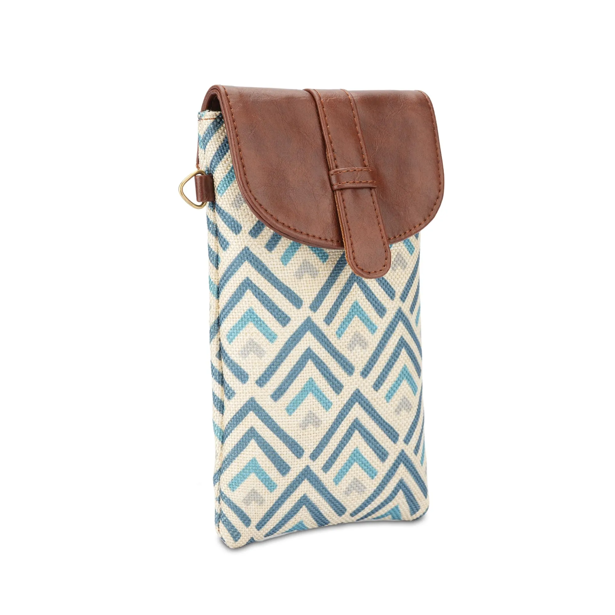 THE CLOWNFISH Flexiflare Series Mobile Sling for Women Printed Handicraft Fabric & Faux leather Casual Ladies Mobile Pouch Crossbody Bag for College Girls (White-Stripes)