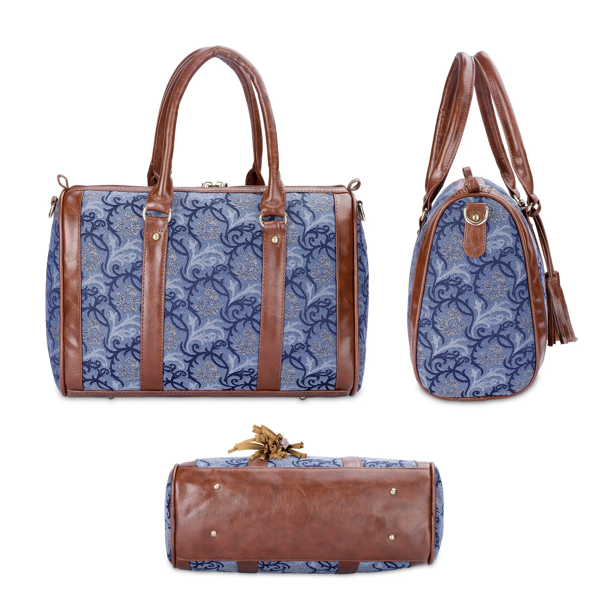 THE CLOWNFISH Lorna Tapestry Fabric & Faux Leather Handbag Sling Bag for Women Office Bag Ladies Shoulder Bag Tote For Women College Girls (Blue-Floral)