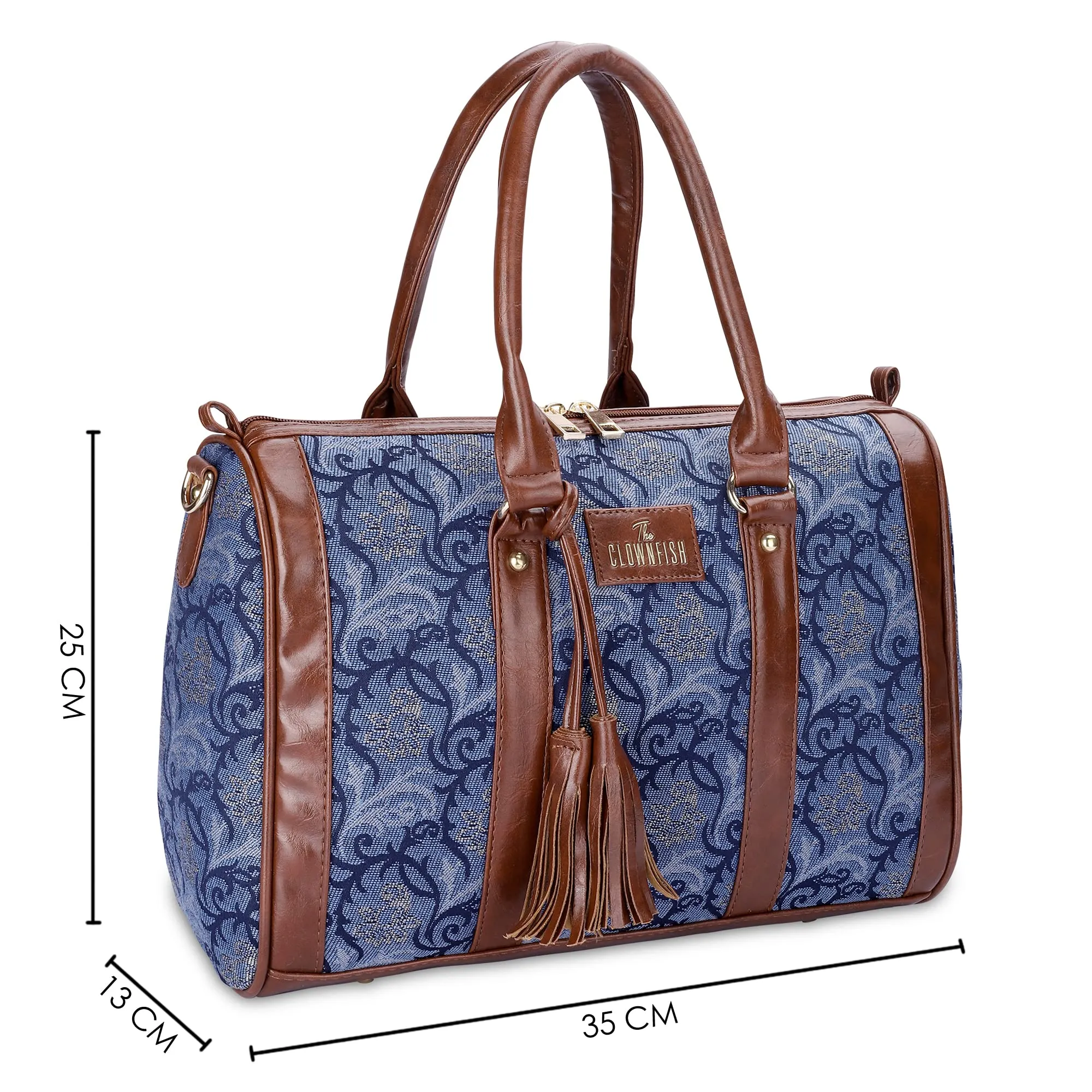 THE CLOWNFISH Lorna Tapestry Fabric & Faux Leather Handbag Sling Bag for Women Office Bag Ladies Shoulder Bag Tote For Women College Girls (Blue-Floral)