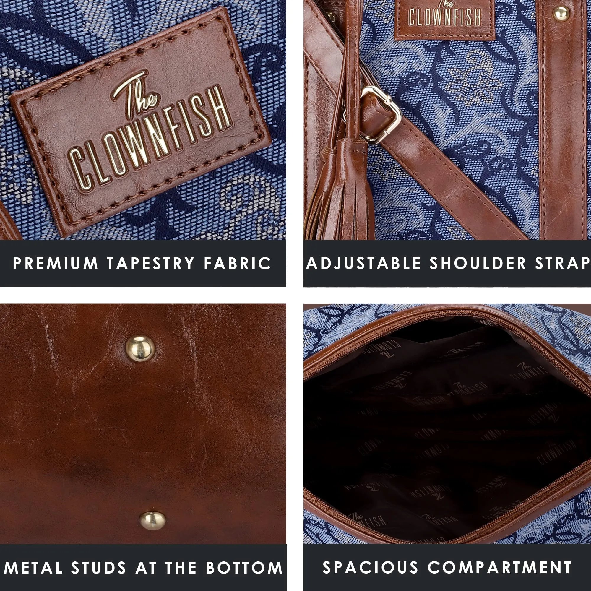 THE CLOWNFISH Lorna Tapestry Fabric & Faux Leather Handbag Sling Bag for Women Office Bag Ladies Shoulder Bag Tote For Women College Girls (Blue-Floral)