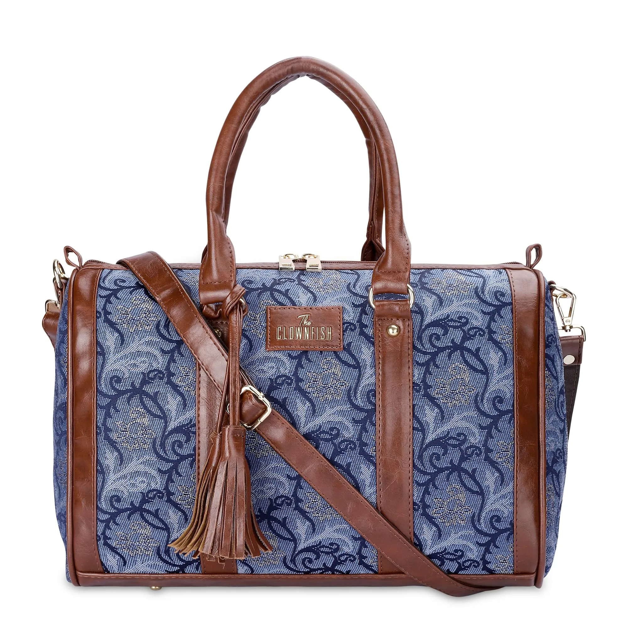 THE CLOWNFISH Lorna Tapestry Fabric & Faux Leather Handbag Sling Bag for Women Office Bag Ladies Shoulder Bag Tote For Women College Girls (Blue-Floral)