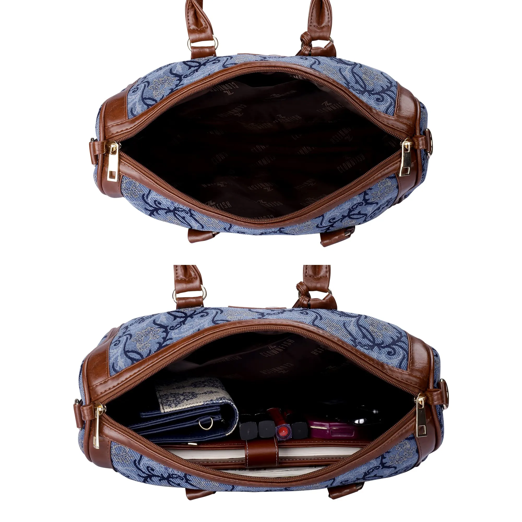 THE CLOWNFISH Lorna Tapestry Fabric & Faux Leather Handbag Sling Bag for Women Office Bag Ladies Shoulder Bag Tote For Women College Girls (Blue-Floral)