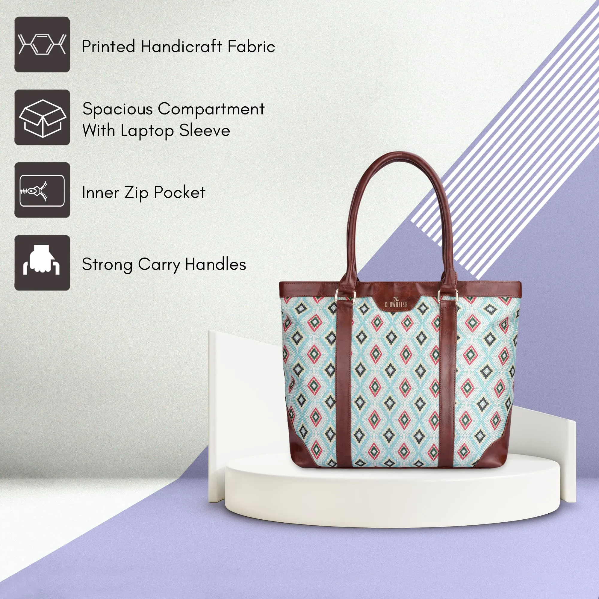 THE CLOWNFISH Miranda Series 15.6 inch Laptop Bag For Women Printed Handicraft Fabric & Faux Leather Office Bag Briefcase Hand Messenger bag Tote Shoulder Bag (Skyblue-Diamond Design)