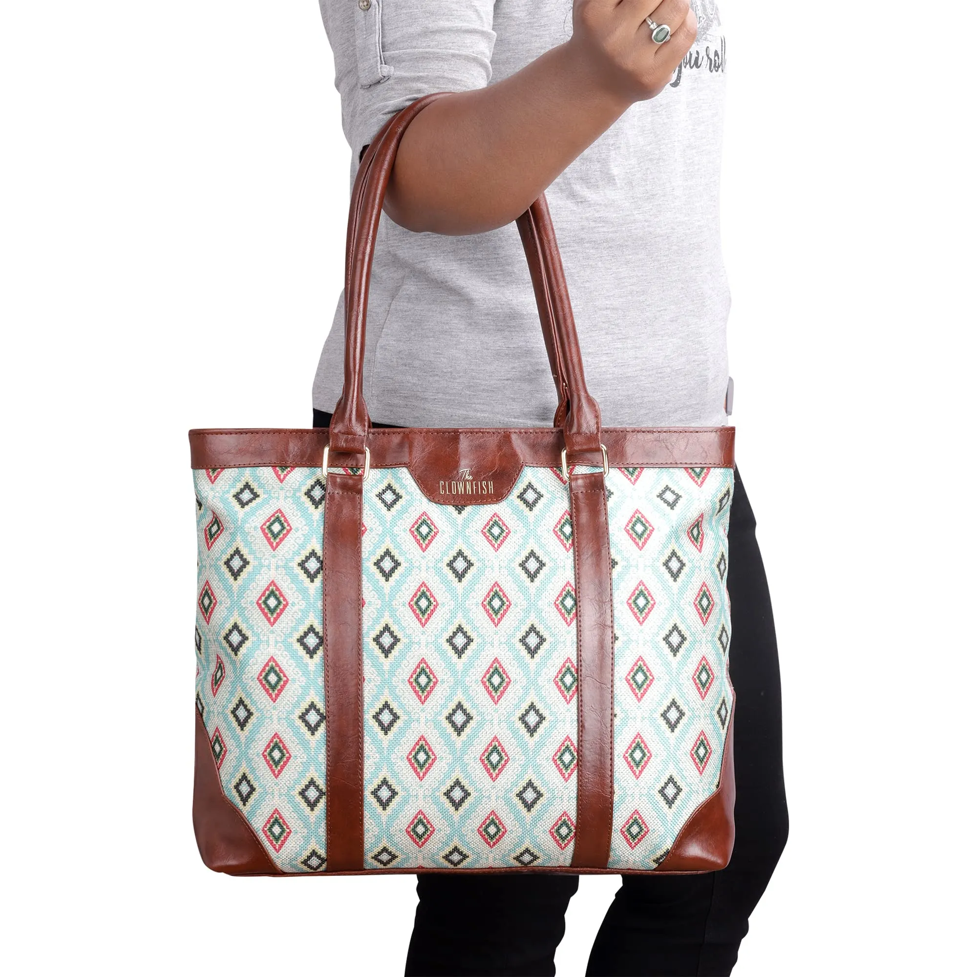 THE CLOWNFISH Miranda Series 15.6 inch Laptop Bag For Women Printed Handicraft Fabric & Faux Leather Office Bag Briefcase Hand Messenger bag Tote Shoulder Bag (Skyblue-Diamond Design)