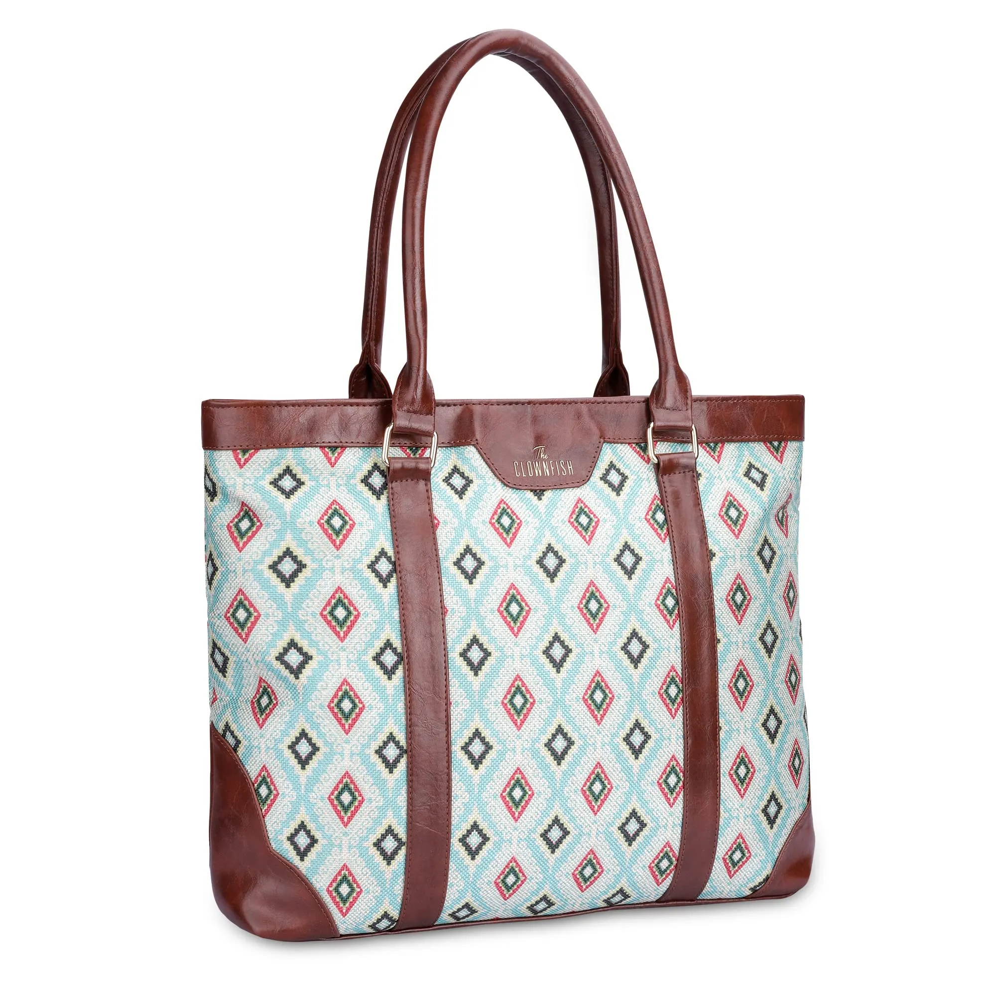 THE CLOWNFISH Miranda Series 15.6 inch Laptop Bag For Women Printed Handicraft Fabric & Faux Leather Office Bag Briefcase Hand Messenger bag Tote Shoulder Bag (Skyblue-Diamond Design)