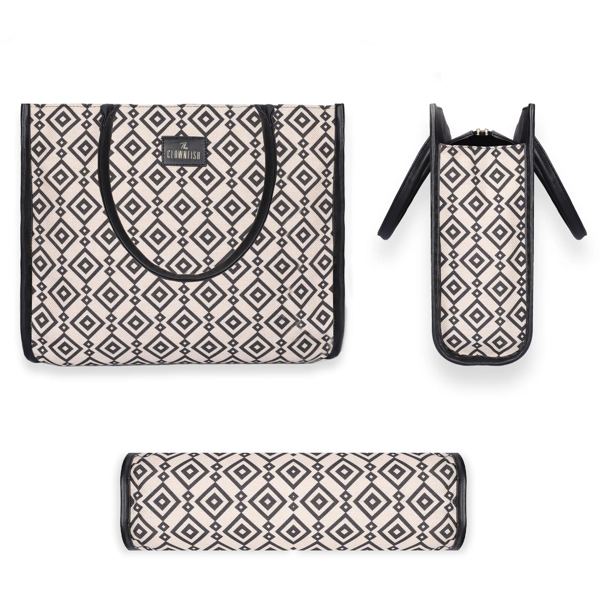 THE CLOWNFISH Opulence Series Multipurpose Handbag For Women Box Bag 14 inch Laptop Bag Tote Printed Handicraft Fabric & Faux Leather Bag (Black-Spade Design)