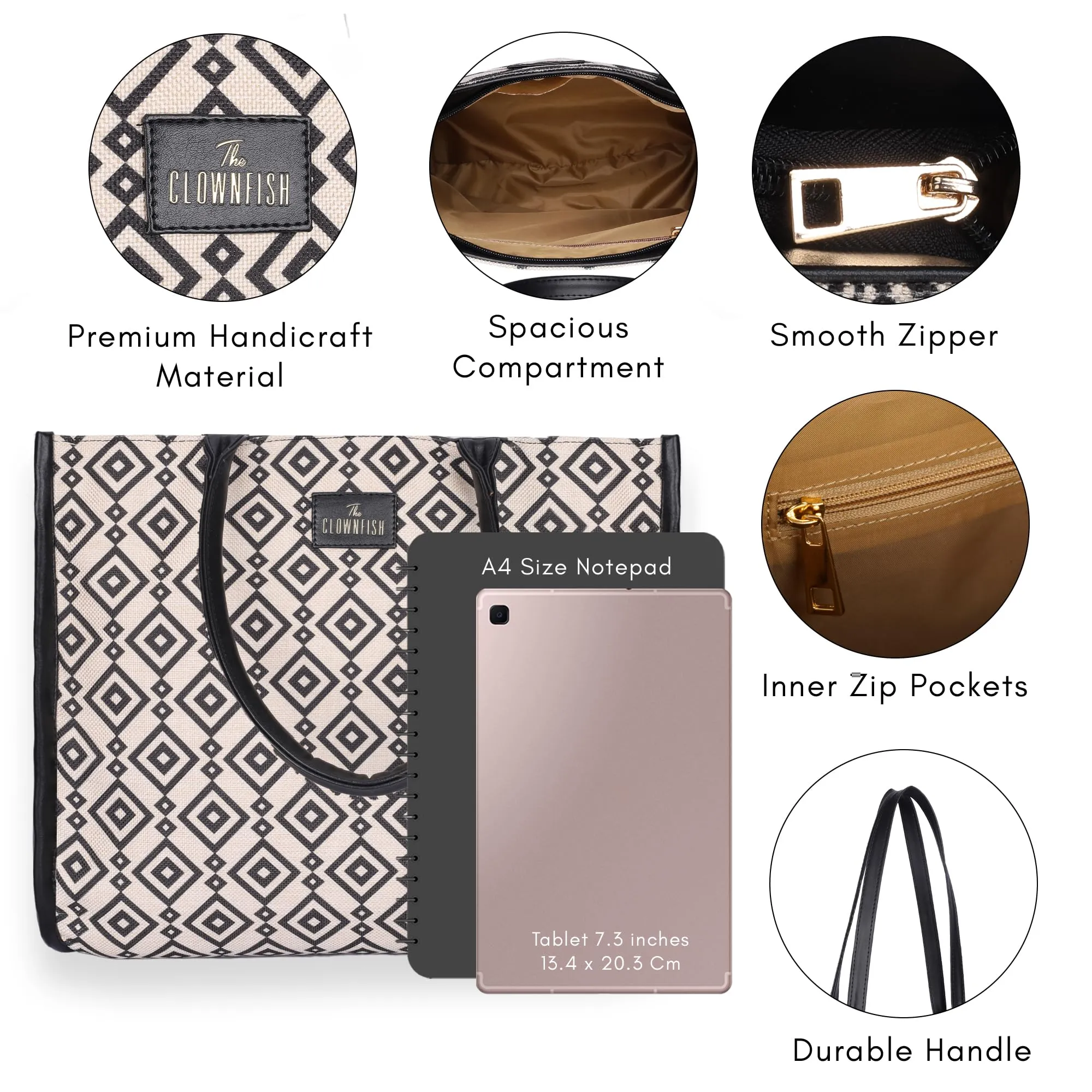 THE CLOWNFISH Opulence Series Multipurpose Handbag For Women Box Bag 14 inch Laptop Bag Tote Printed Handicraft Fabric & Faux Leather Bag (Black-Spade Design)
