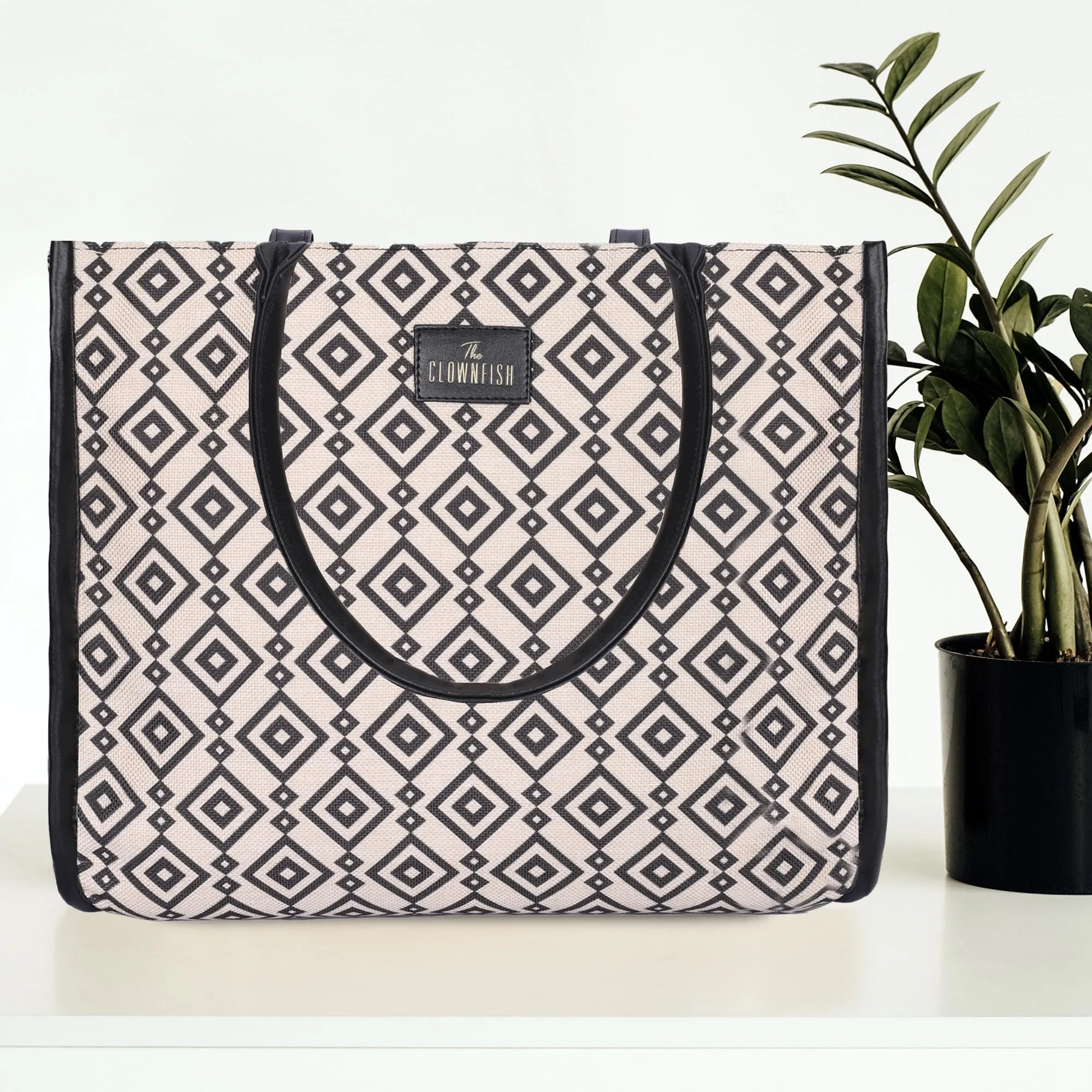 THE CLOWNFISH Opulence Series Multipurpose Handbag For Women Box Bag 14 inch Laptop Bag Tote Printed Handicraft Fabric & Faux Leather Bag (Black-Spade Design)