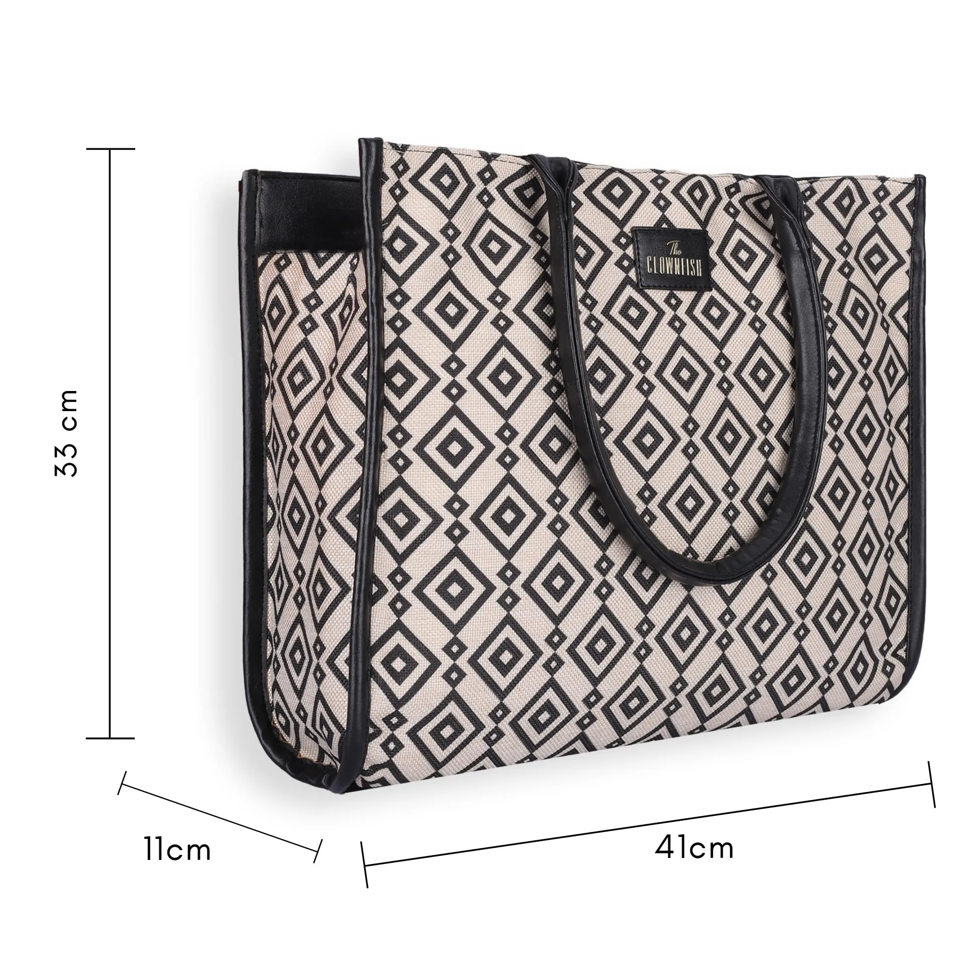 THE CLOWNFISH Opulence Series Multipurpose Handbag For Women Box Bag 14 inch Laptop Bag Tote Printed Handicraft Fabric & Faux Leather Bag (Black-Spade Design)