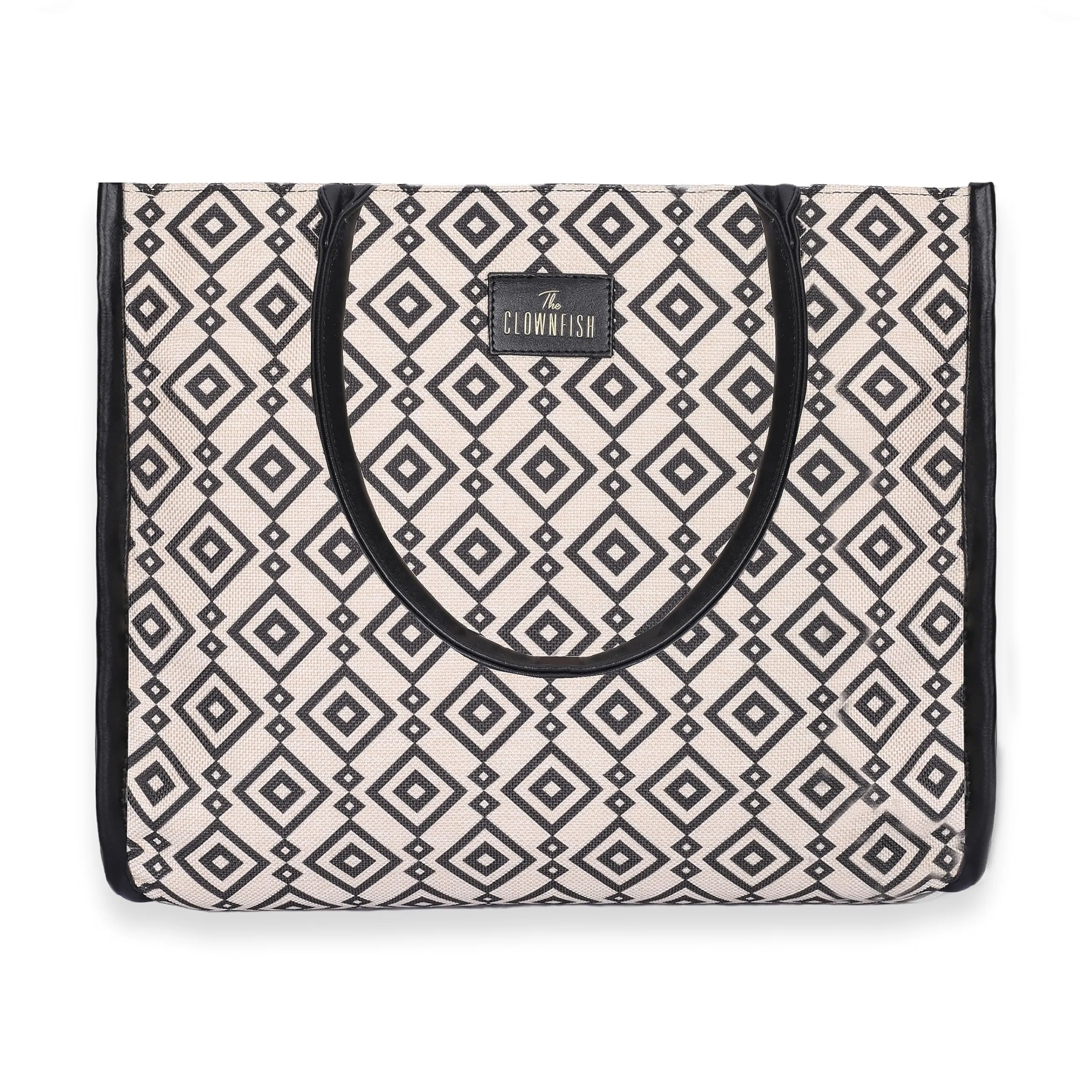 THE CLOWNFISH Opulence Series Multipurpose Handbag For Women Box Bag 14 inch Laptop Bag Tote Printed Handicraft Fabric & Faux Leather Bag (Black-Spade Design)