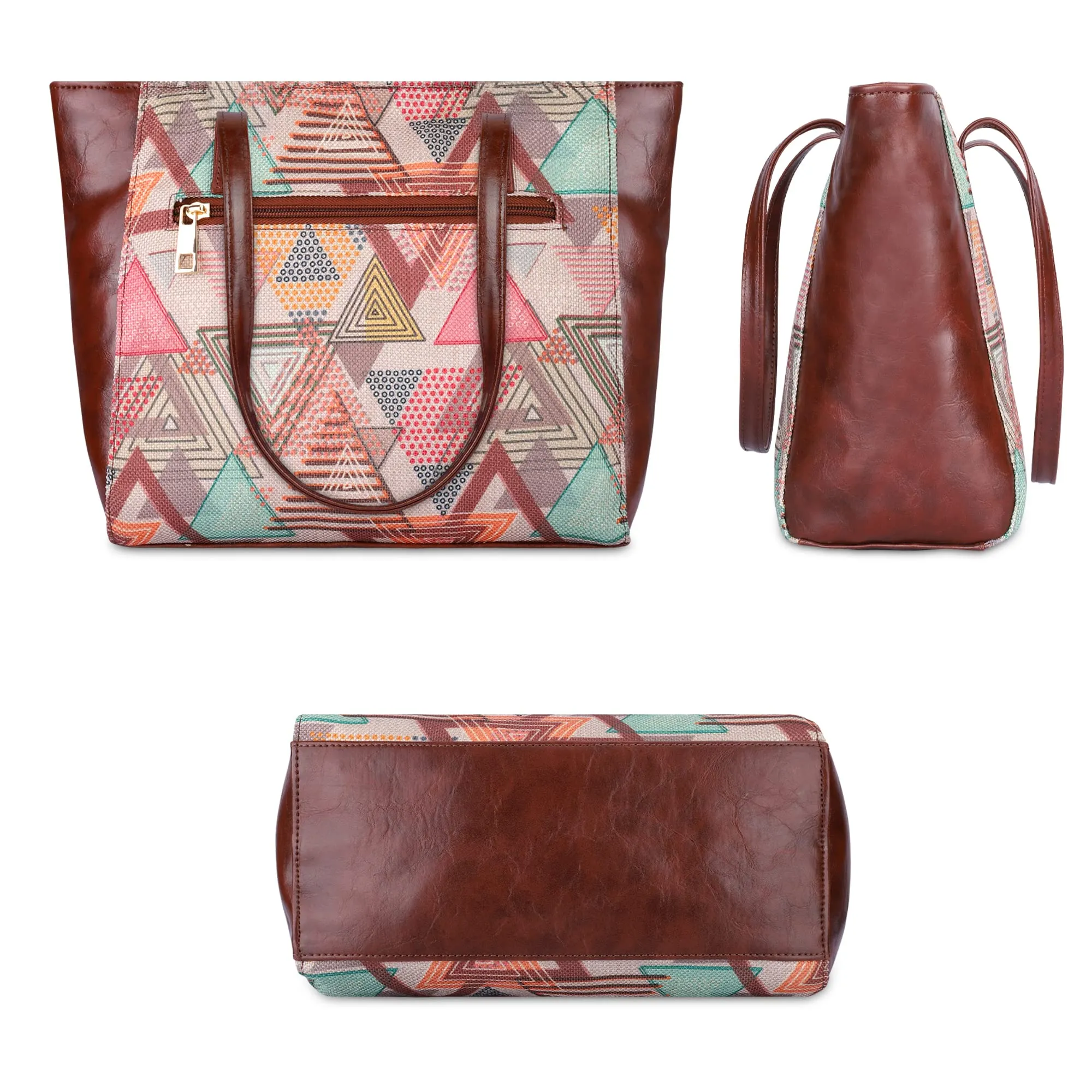 THE CLOWNFISH Valentine Printed Handicraft Fabric & Faux Leather Handbag for Women Office Bag Ladies Shoulder Bag Tote for Women College Girls (Multicolour-Triangle Design)