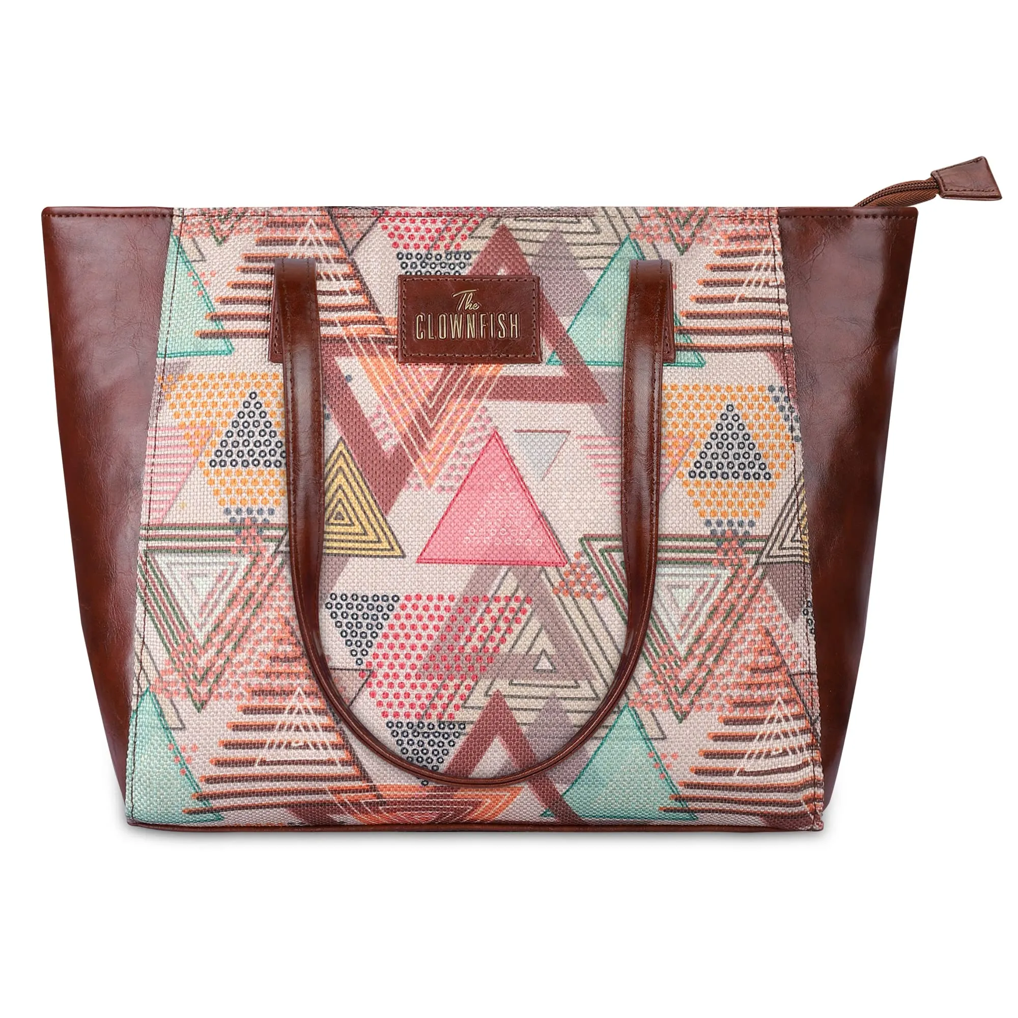 THE CLOWNFISH Valentine Printed Handicraft Fabric & Faux Leather Handbag for Women Office Bag Ladies Shoulder Bag Tote for Women College Girls (Multicolour-Triangle Design)