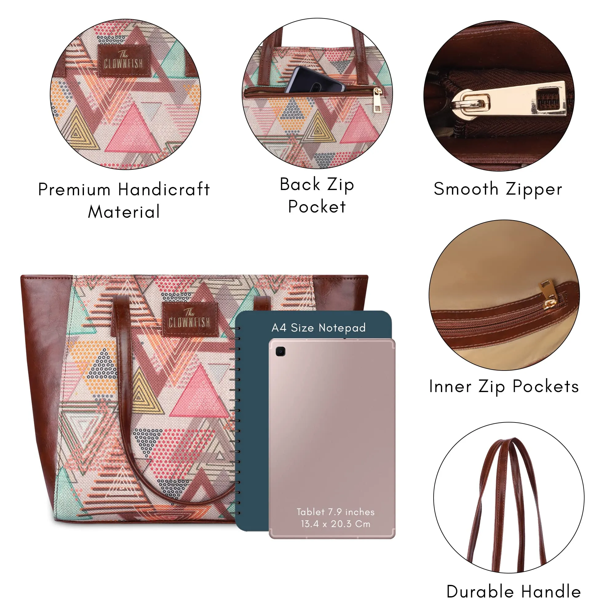 THE CLOWNFISH Valentine Printed Handicraft Fabric & Faux Leather Handbag for Women Office Bag Ladies Shoulder Bag Tote for Women College Girls (Multicolour-Triangle Design)