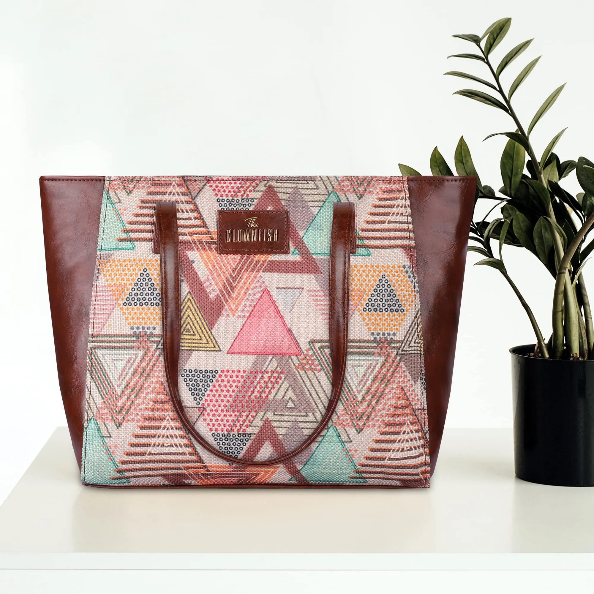 THE CLOWNFISH Valentine Printed Handicraft Fabric & Faux Leather Handbag for Women Office Bag Ladies Shoulder Bag Tote for Women College Girls (Multicolour-Triangle Design)