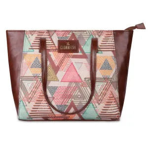 THE CLOWNFISH Valentine Printed Handicraft Fabric & Faux Leather Handbag for Women Office Bag Ladies Shoulder Bag Tote for Women College Girls (Multicolour-Triangle Design)