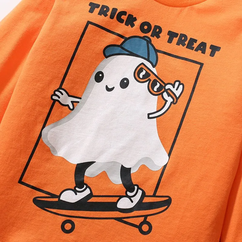 Toddler/Kid Boy Skateboard Ghost "Trick or Treat" Print Long Sleeve Shirt