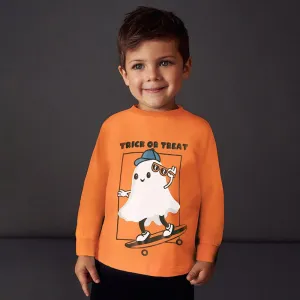 Toddler/Kid Boy Skateboard Ghost "Trick or Treat" Print Long Sleeve Shirt