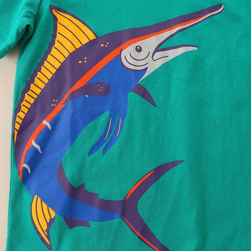 Toddler/Kid Boy's Cartoon Fish Print Design Green T-Shirt