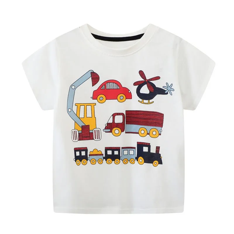 Toddler/Kid Boy's Cartoon Transportation Print  Design White Tee