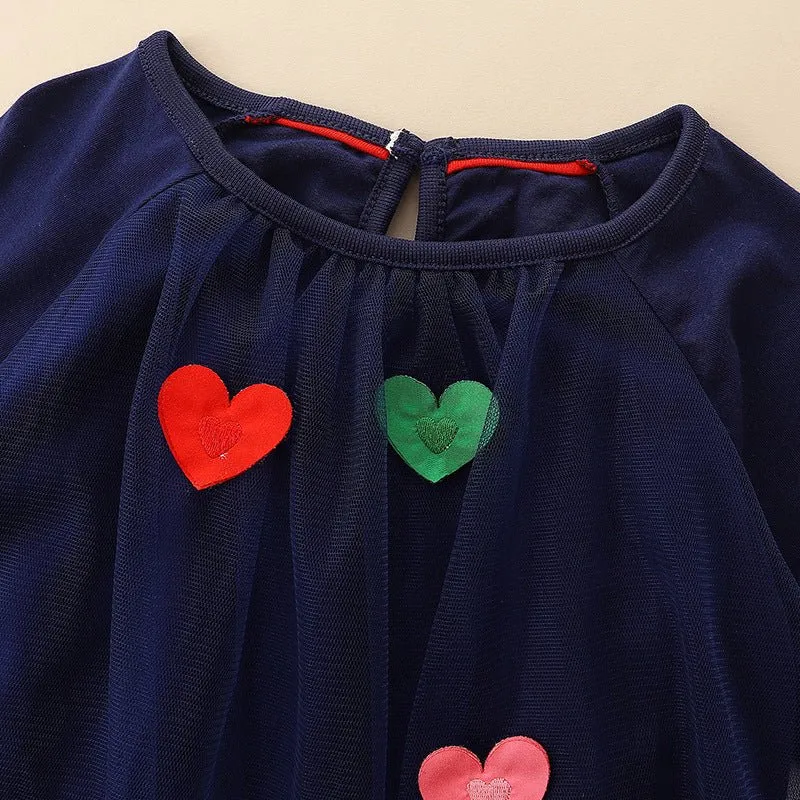 Toddler/Kid Girl Colorful Hearts Navy Long Sleeve Dress