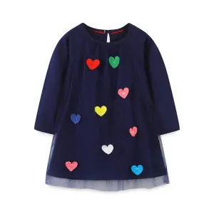 Toddler/Kid Girl Colorful Hearts Navy Long Sleeve Dress