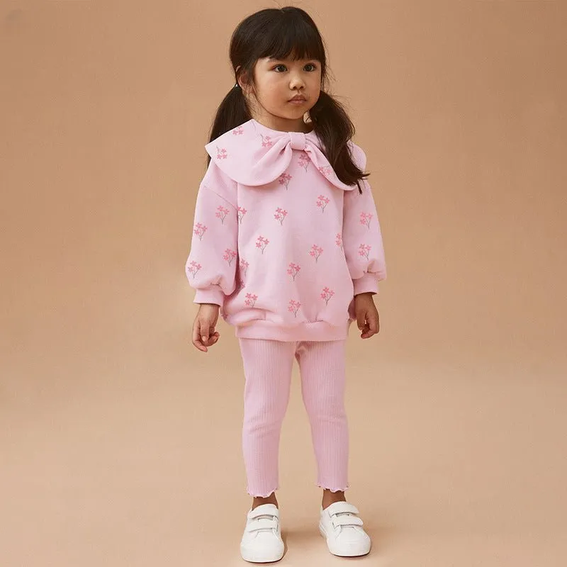 Toddler/Kid Girl Pink Flowers Print Bow Tie Design Sweatshirt with Leggings Set