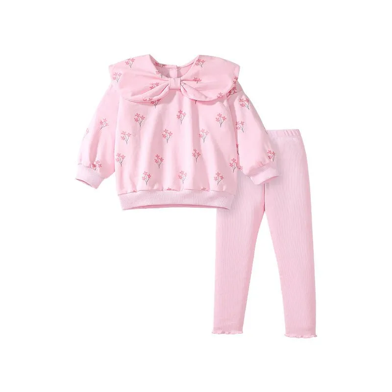 Toddler/Kid Girl Pink Flowers Print Bow Tie Design Sweatshirt with Leggings Set
