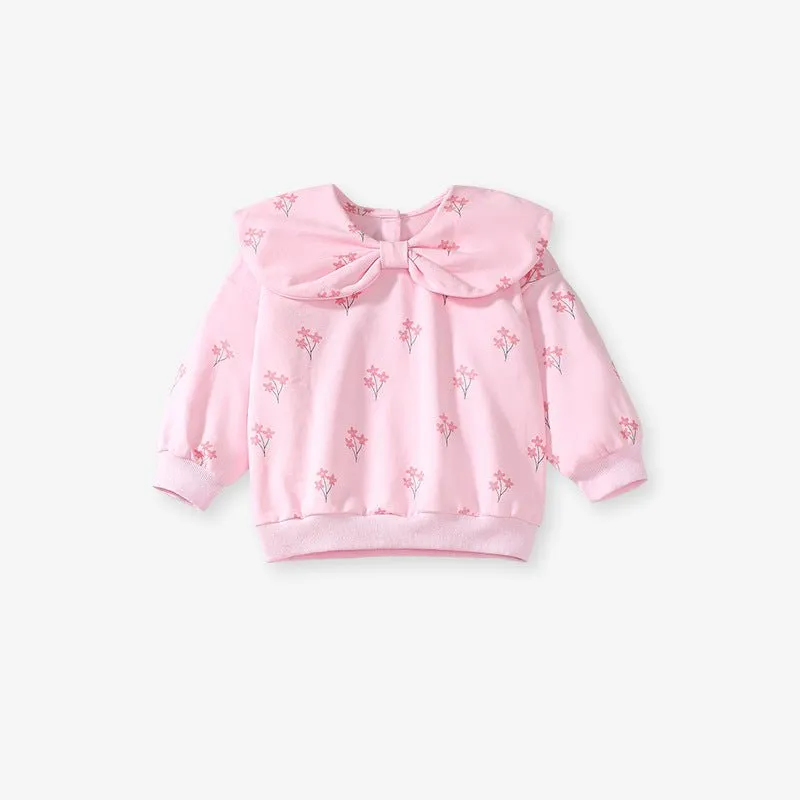 Toddler/Kid Girl Pink Flowers Print Bow Tie Design Sweatshirt with Leggings Set