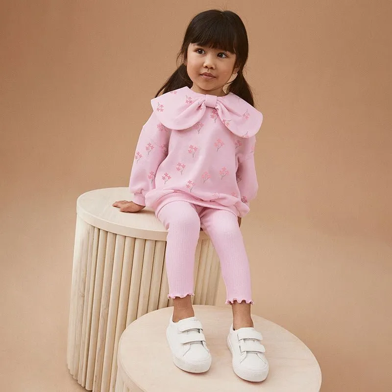 Toddler/Kid Girl Pink Flowers Print Bow Tie Design Sweatshirt with Leggings Set