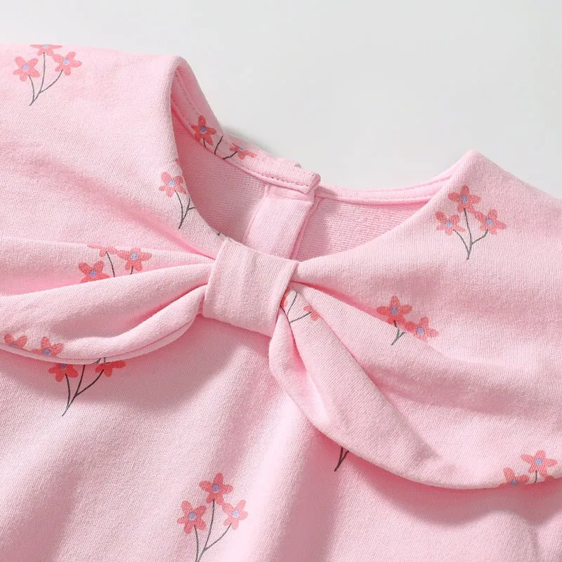 Toddler/Kid Girl Pink Flowers Print Bow Tie Design Sweatshirt with Leggings Set