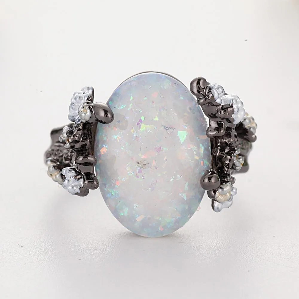Tree Big stone rings white Oval Ring Black Rings Jewelry Moonstone Ring For Woman Wedding Engagment Jewelry