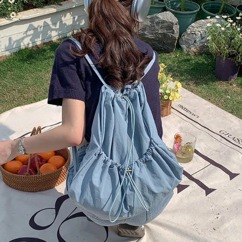 UAKISS  -  Korean Solid Pocket All Match Backpack Drawstring Y2k Aesthetic Ins Simple Schoolbag Women Casual Fashion Backpacks for Students