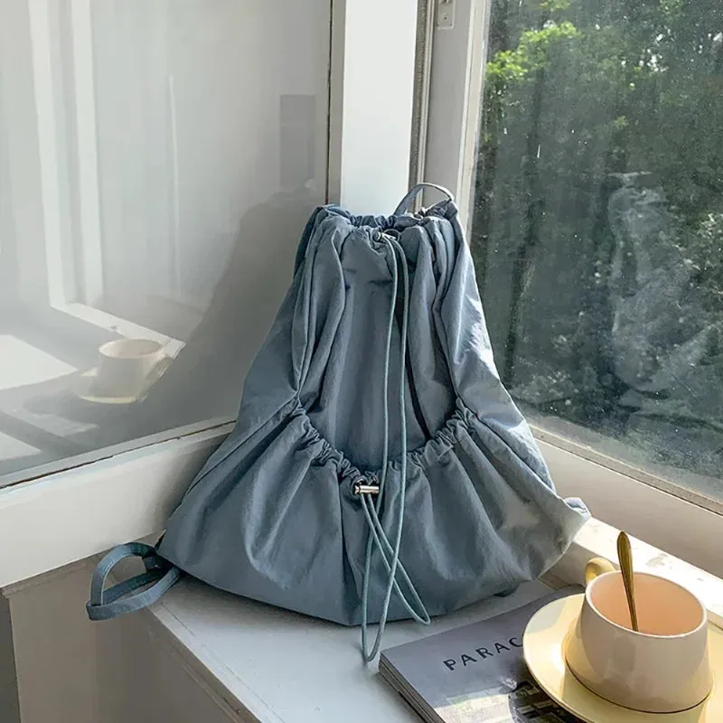 UAKISS  -  Korean Solid Pocket All Match Backpack Drawstring Y2k Aesthetic Ins Simple Schoolbag Women Casual Fashion Backpacks for Students
