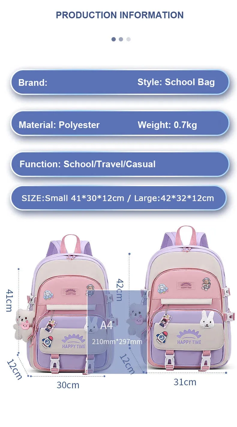 UAKISS  -  Large Capacity Cute Women Multi-Pocket Nylon Backpack Ins Junior High School Student School Bag Female Girl Backpack Laptop Book