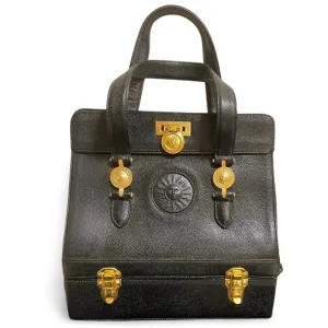 Vintage Gianni Versace black caviar type leather birkin doctor's bag, handbag with jewelry case and golden sun burst motifs. 070325ys