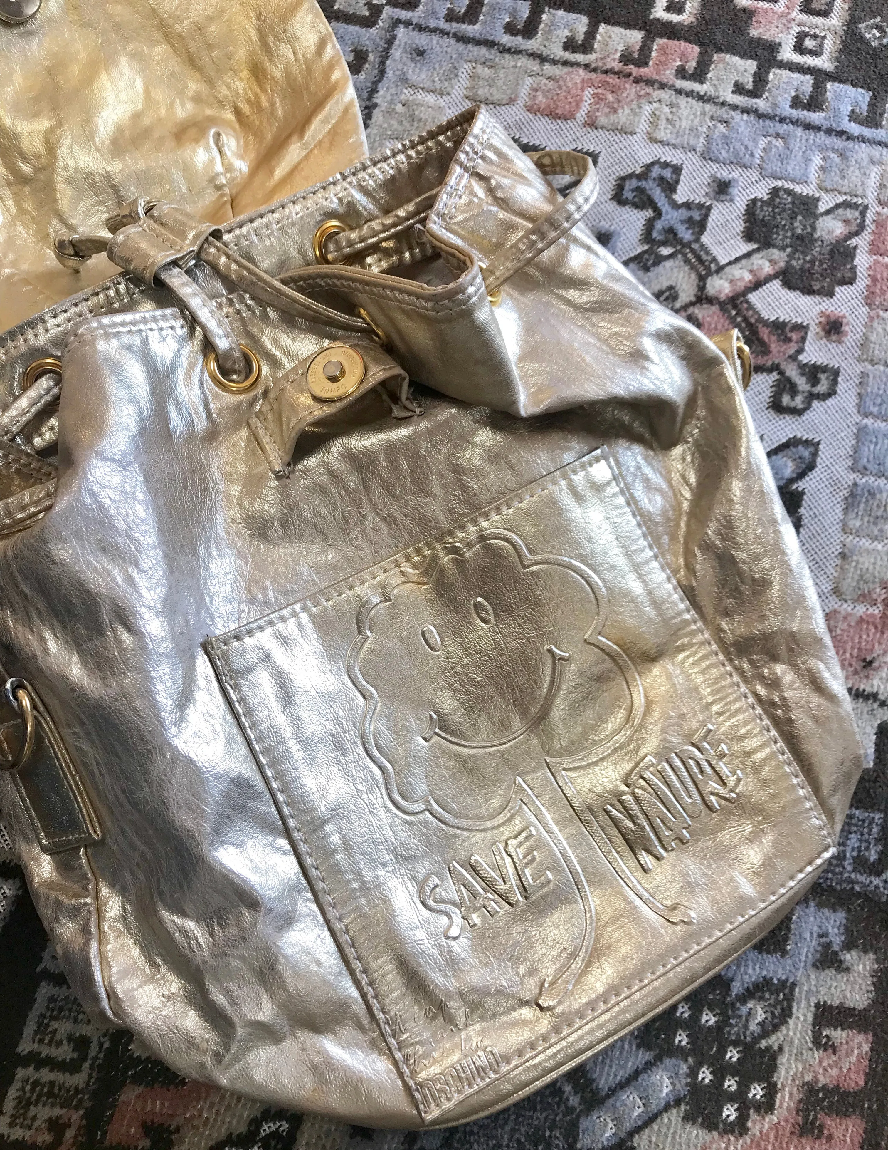 Vintage MOSCHINO champagne gold leather backpack, shoulder bag from SAVE NATURE collection. Must have daily use purse. 060625re2