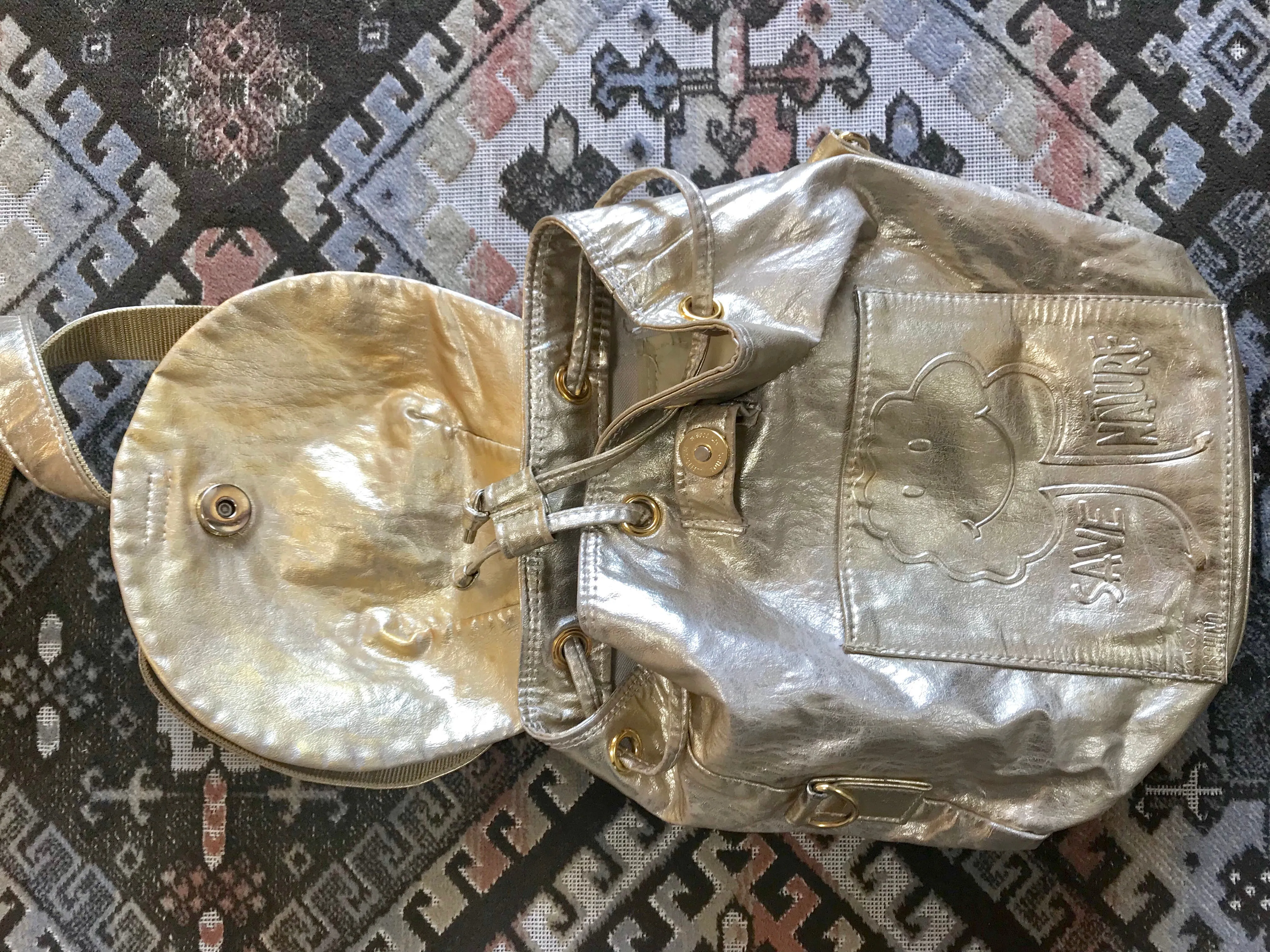 Vintage MOSCHINO champagne gold leather backpack, shoulder bag from SAVE NATURE collection. Must have daily use purse. 060625re2